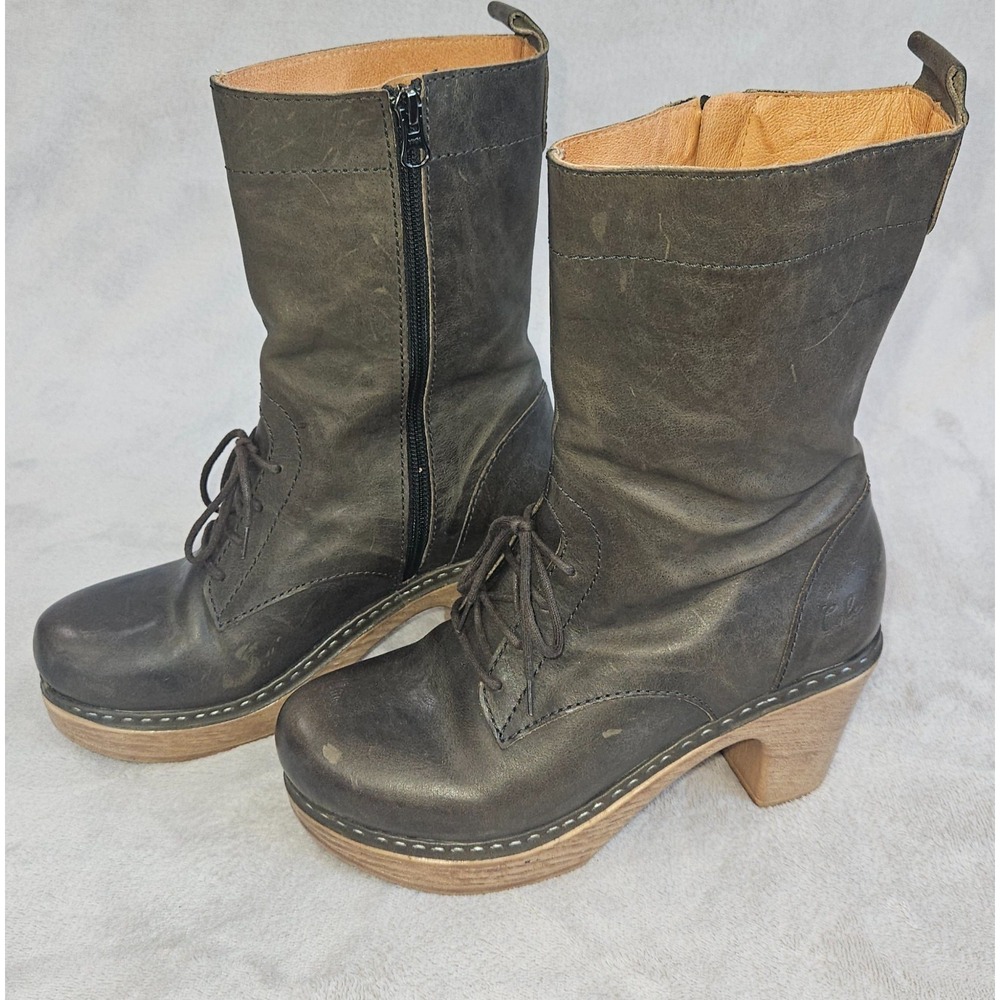 Calou Stockholm Greta Gray Leather Clog Boots Lace Up Boho Scandi Size 38 7.5 - Picture 3 of 7